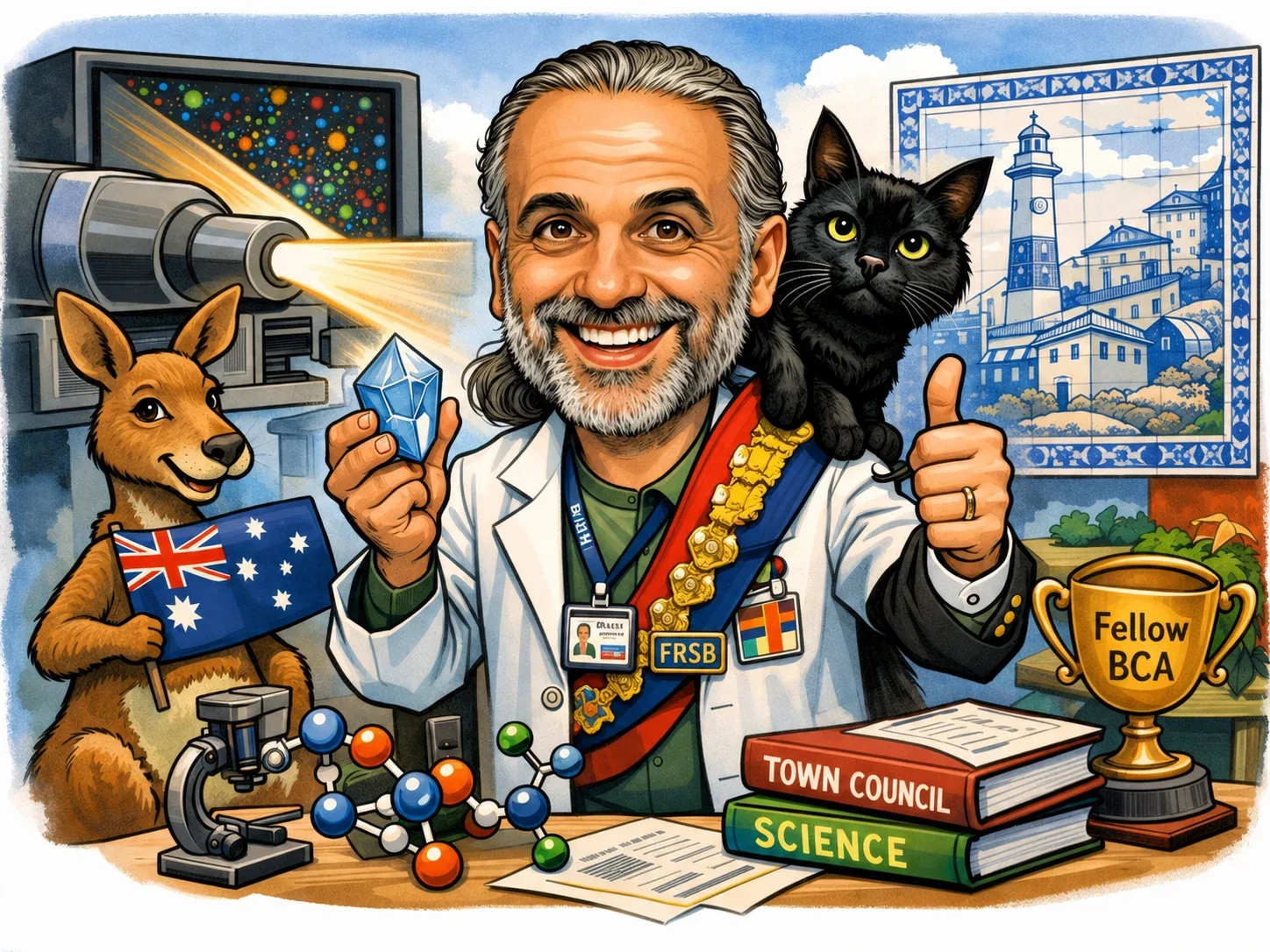 Cartoon of David in a lab coat holding a crystal, with a black cat on his shoulder, a kangaroo holding an Australian flag, Portuguese blue tiles, an X-ray beamline, a Fellow BCA trophy and books labelled Town Council and Science.
